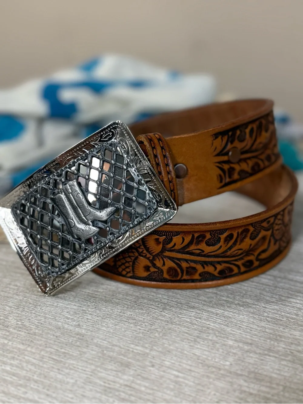 Sand & Sage Vintage Brown Leather Western Belt with Silver Cowboy Boot Buckle